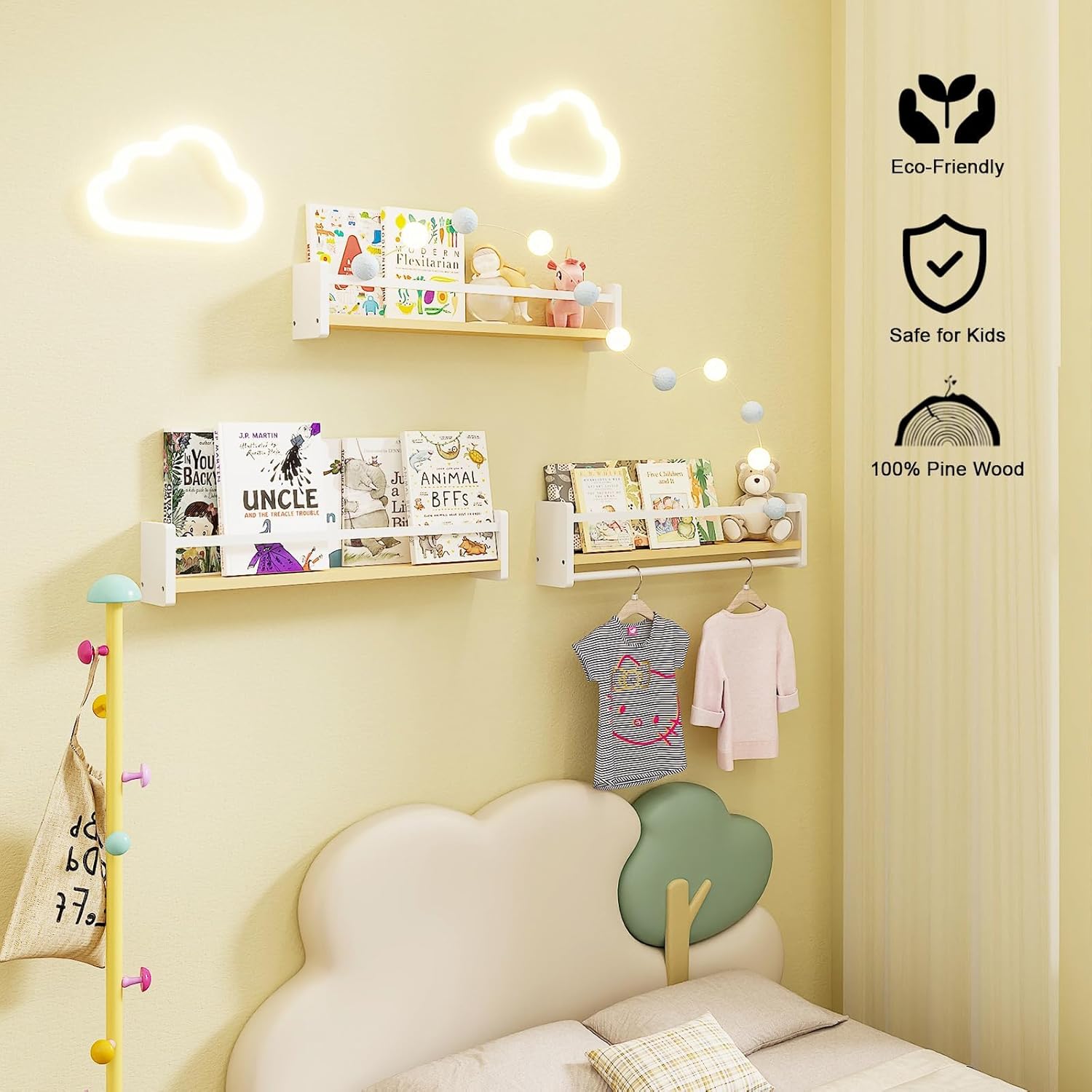 Pine Wood Nursery Shelves / White & Wooden / 16 In