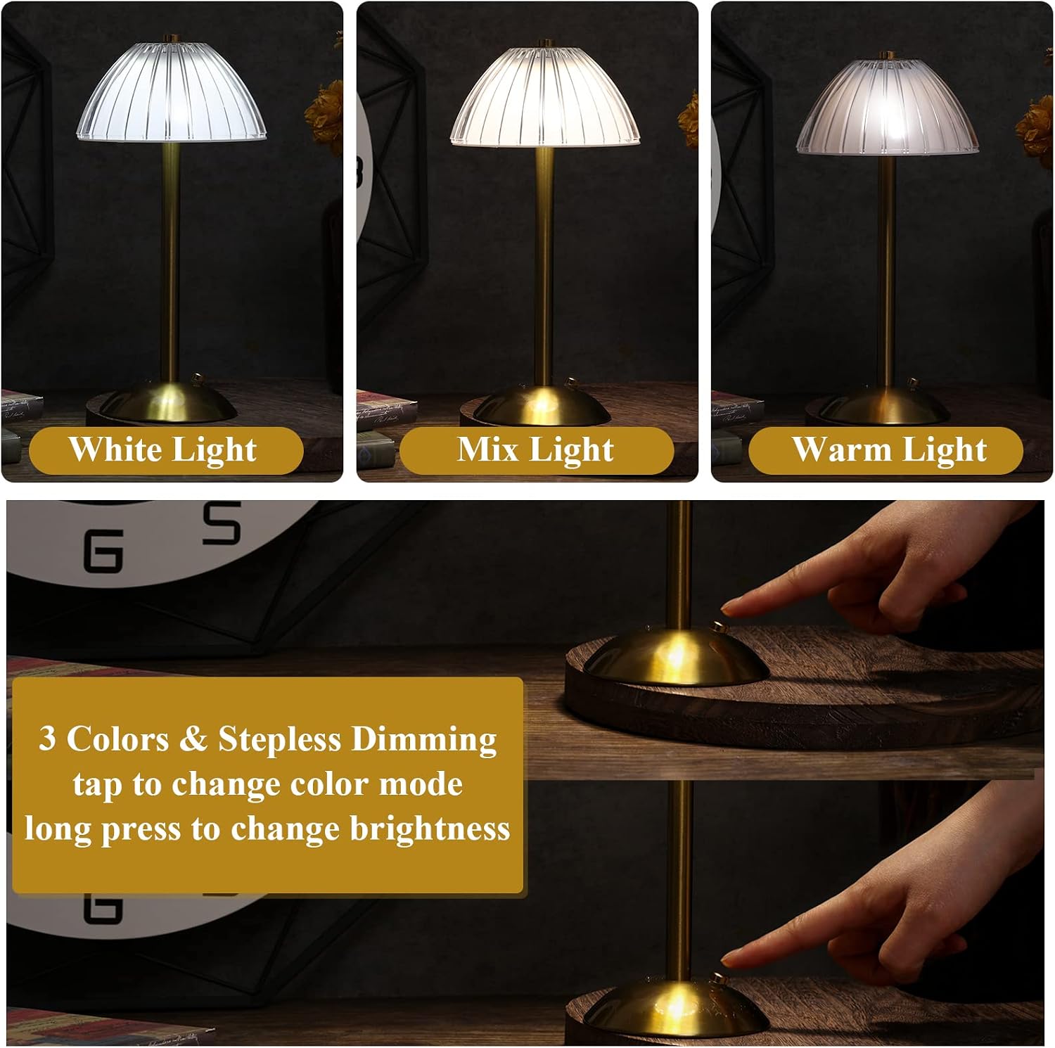 Liliful 2 Pcs Cordless Table Lamp LED Touch,Gold,Mushroom Style | 3 Color Dimmable Touch, USB-C Battery Operated