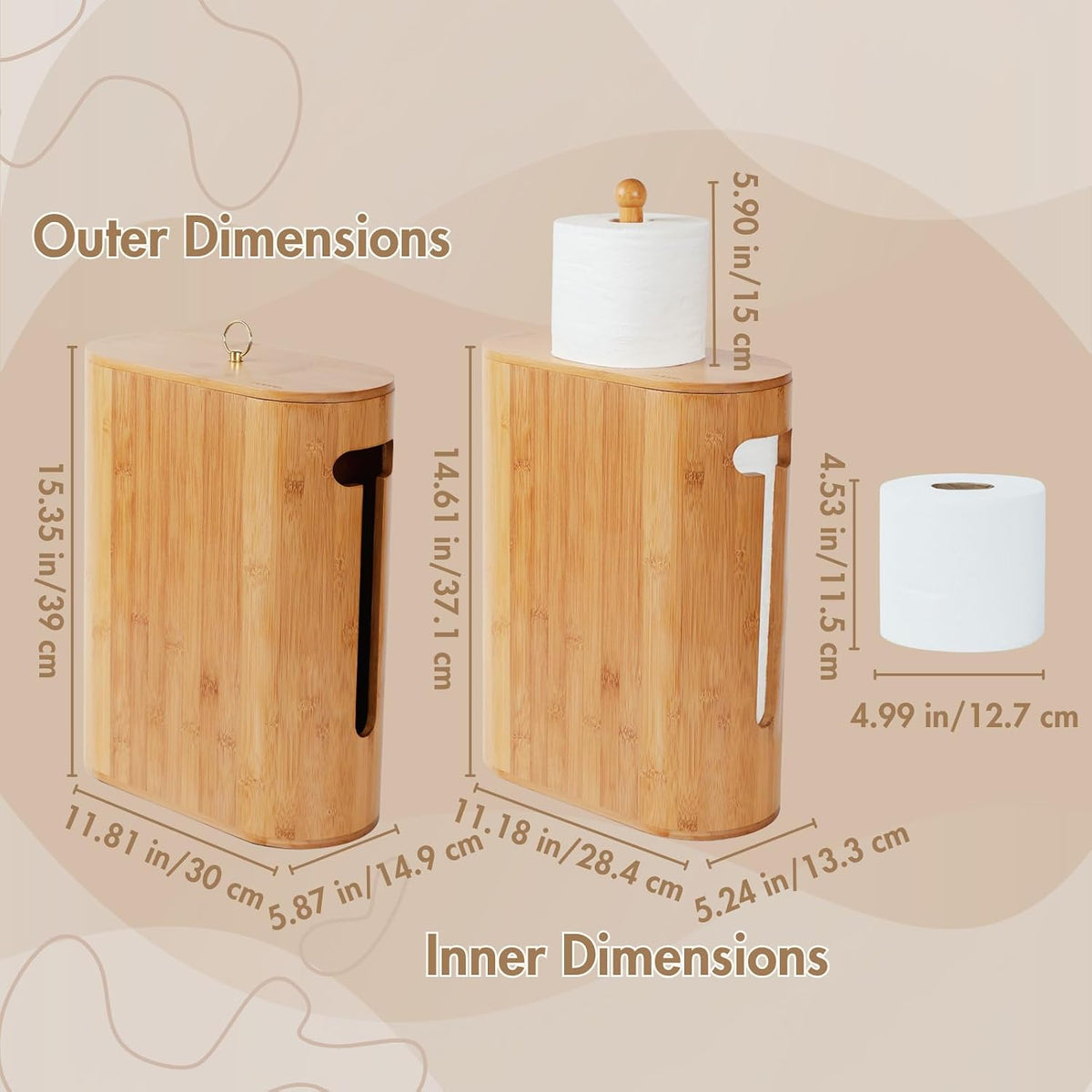 Gobam Bamboo Toilet Paper Storage with Dual-Use Lid, Freestanding Bathroom Tissue Organizer with Viewing Slot, Built-In