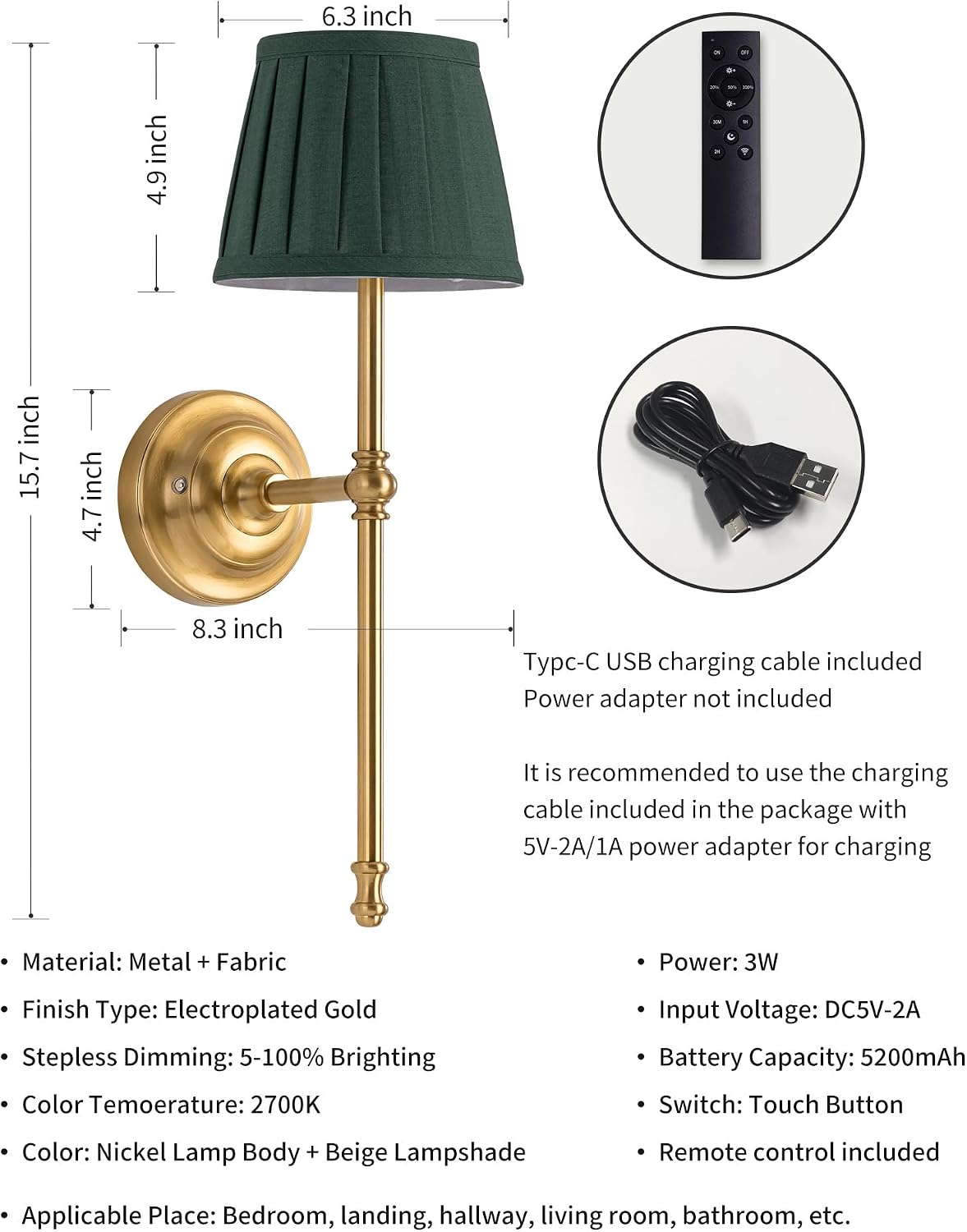 KDG Gold Cordless Wall Sconces Set of 2, Green Fabric LED Wall Lamps | Wireless Small Rechargeable Battery, Portable