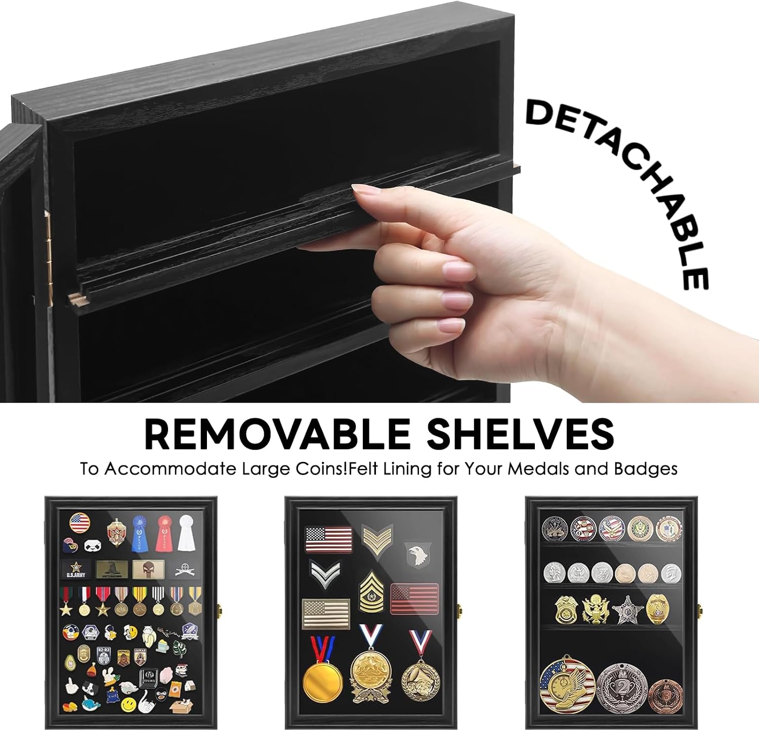 Military Challenge Coin Display Shadow Box Holds Up to 70 Coins, Lockable Wall-Mounted Cabinet for Medals, Pins