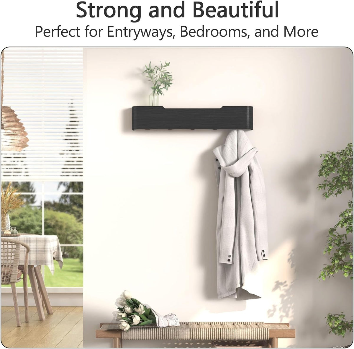 Coat Rack Wall Mount with Shelf 5 Hidden Hooks Modern Wooden Key Holder Entryway Organizer for Hallway Bedroom Bathroom