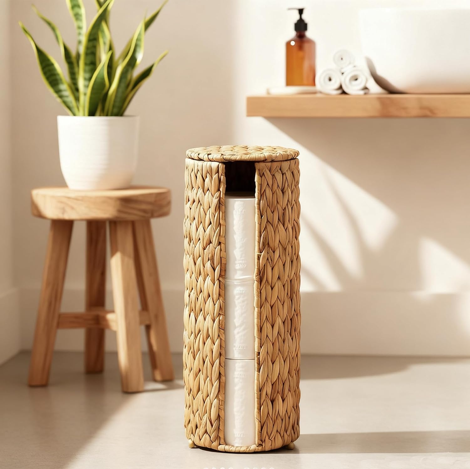 PINXIURY Water Hyacinth Paper Roll Holder, Wicker Toilet Paper Holder Stand for Bathroom, 3 Rolls of Toilet Paper