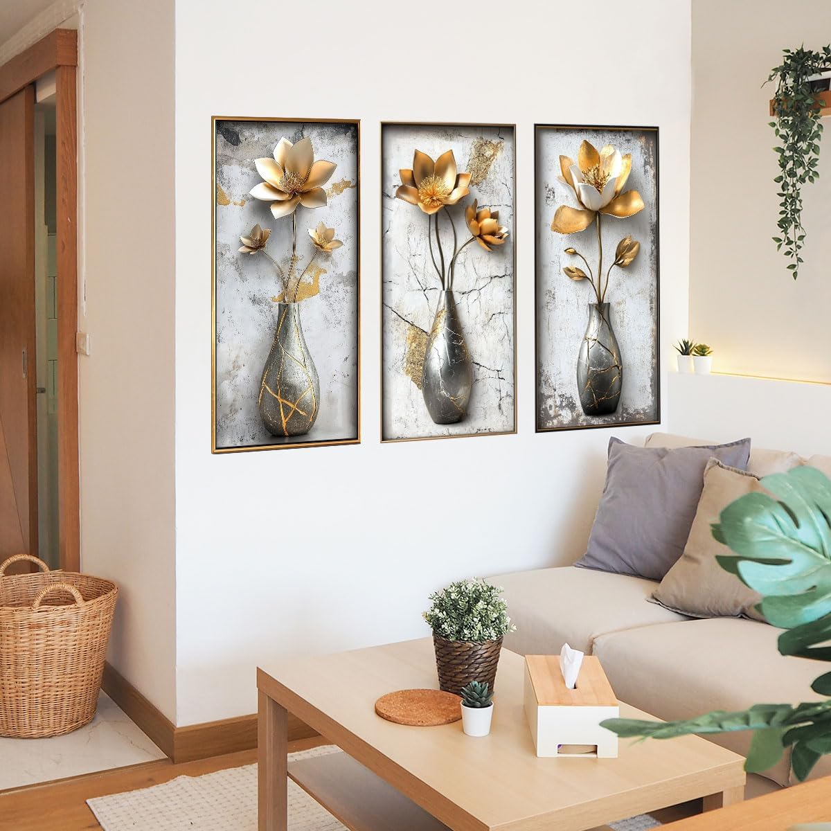 3D Flower Wall Art Stickers Floral Vase Wall Decals Peel and Stick Living Room / Large / Gold