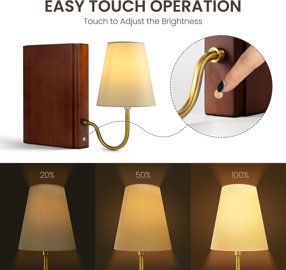 Solid Wood Bookshelf Lamp with Bulb, Cordless Rechargeable Touch Dimmable Table Lamp with Linen Fabric Shade, Modern