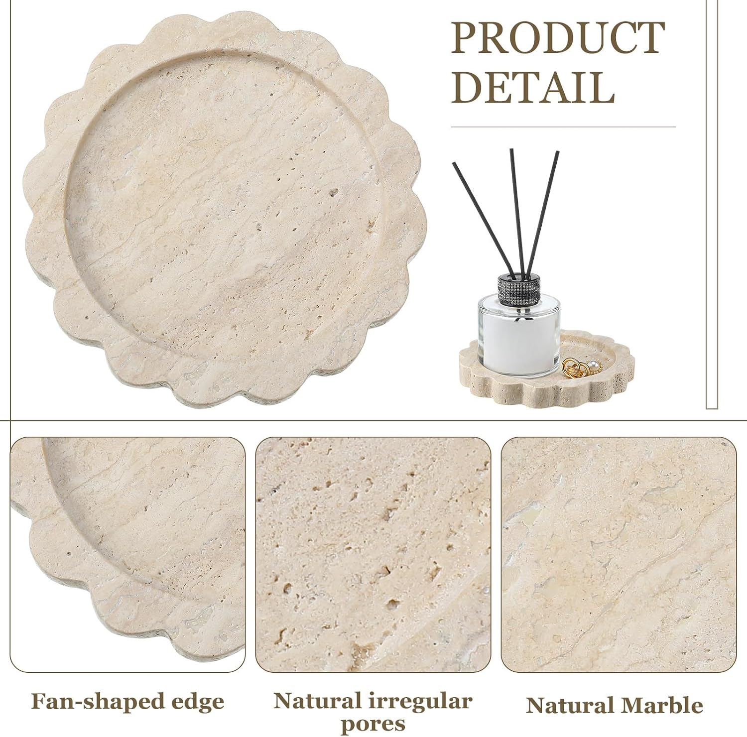 Small Travertine Stone Tray Marble Jewelry Dish Trinket Tray for Women / Round,scallop / 5.5 Inch