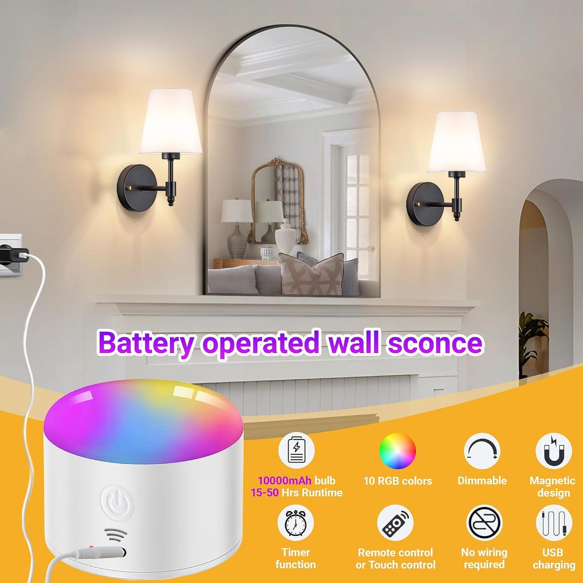 YHCDLAMP Battery Operated Wall Sconces Set of Two, Rechargeable Wireless Wall Lights with 10000mAh RGB Dimmable