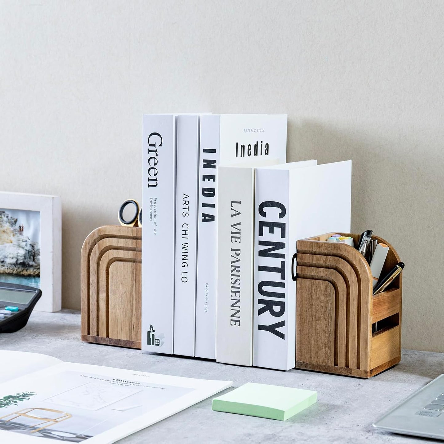 Acacia Solid Wood Bookends and Pencil Holders