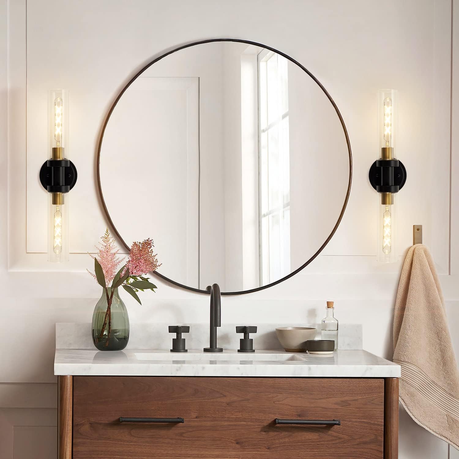 Bathroom Sconces Wall Lighting W/ Clear Glass, 2-Light Bathroom Vanity Light Fixtures, Modern Wall Lights for Mirror