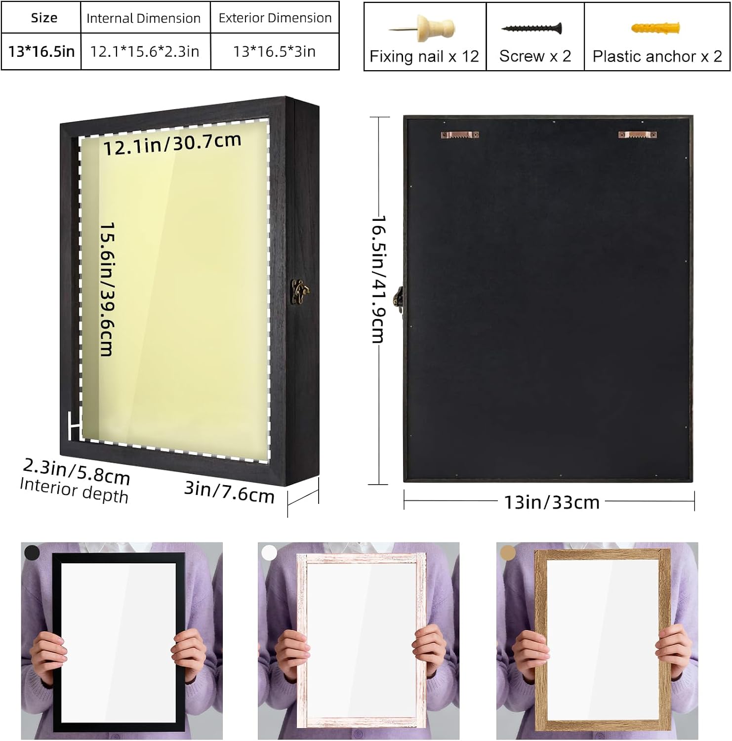 TJ.MOREE Large Shadow Box 13x16 Flowers Display Case Wooden Picture Frame | Fits 12x15.6 Inserts with Linen Back Rustic