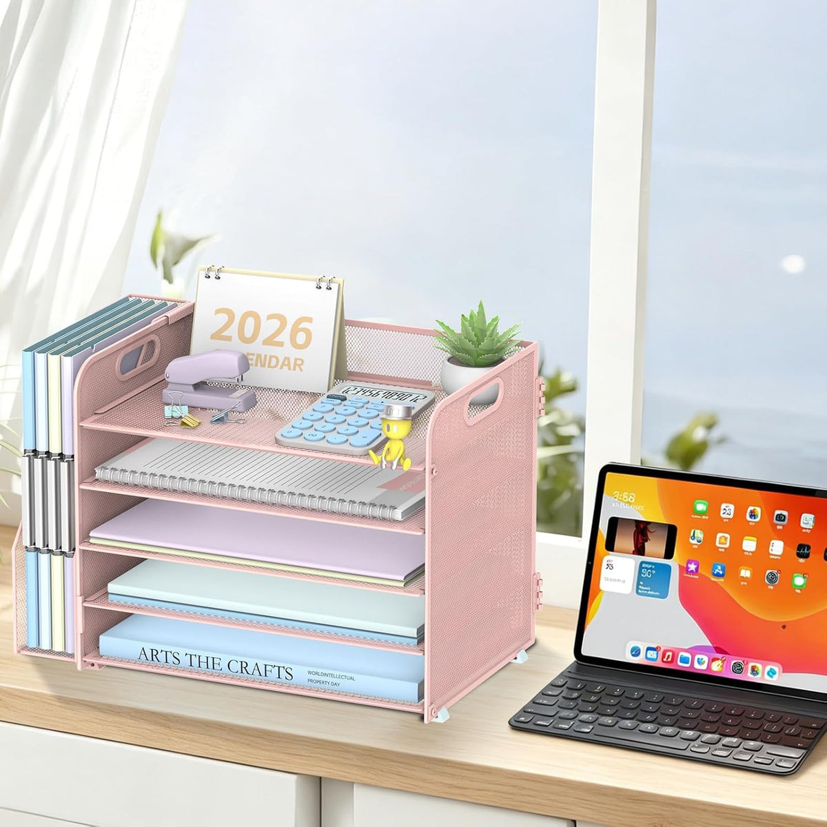 5-Tier Desk Organizer with File Holder, Paper Organizer for Desk, Pink | 5 Letter Trays and Vertical File Holder with