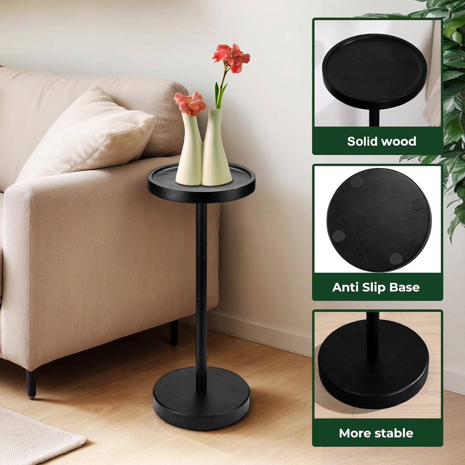 Solid Wood Pedestal Side Table Color / Black