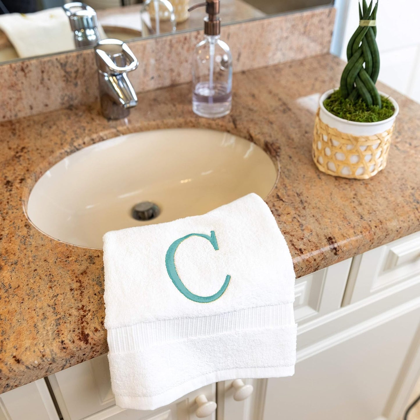 White with Teal Monogrammed Hand Towels for Bathroom - Set of 2 Letter C | Luxury Hotel Quality Initial Towels For