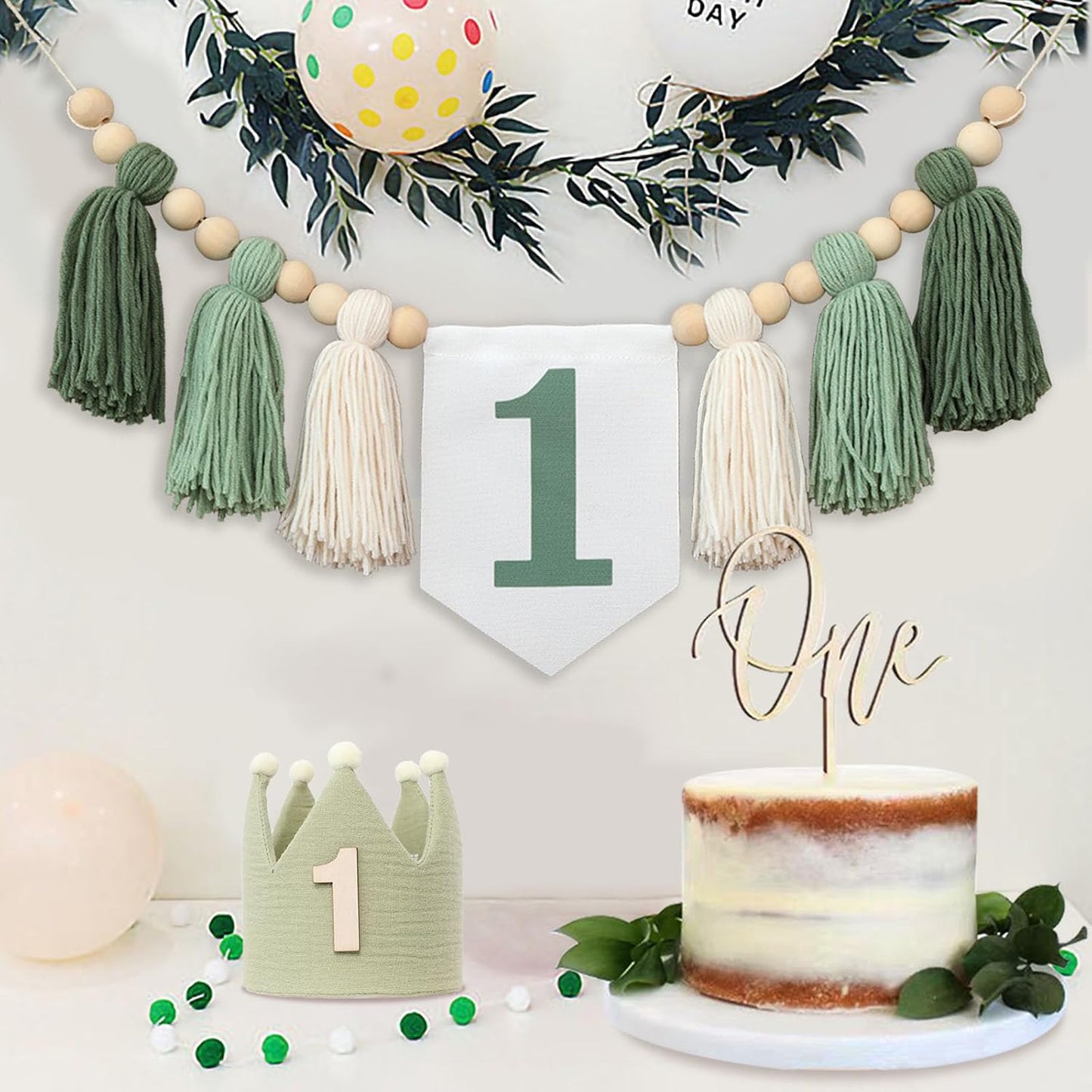 Wood Bead Tassel Garland Crown Hat Wooden Cake / Green