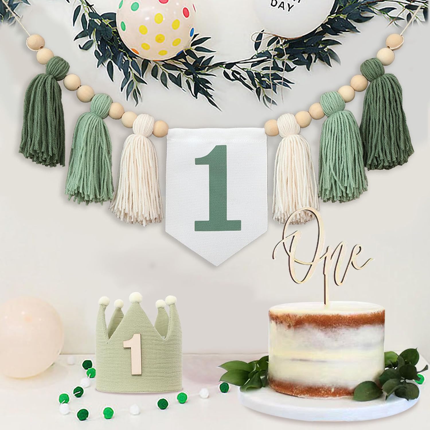 Wood Bead Tassel Garland Crown Hat Wooden Cake / Green