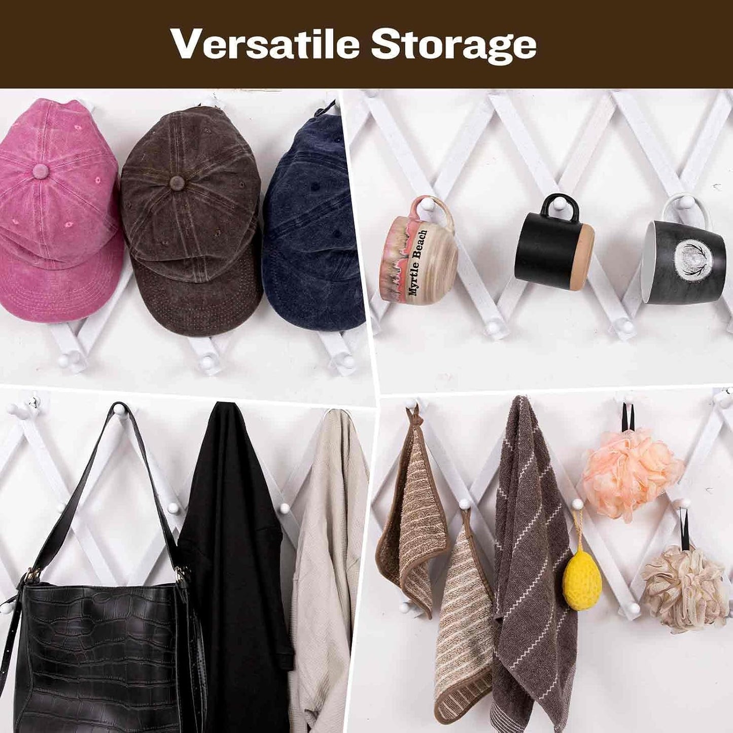 SCUNDA Accordion Wall Hanger with 20 Hooks, Wooden Wall Expandable Coat Rack for Coat, Hats, Baseball Caps, Coffee Mug