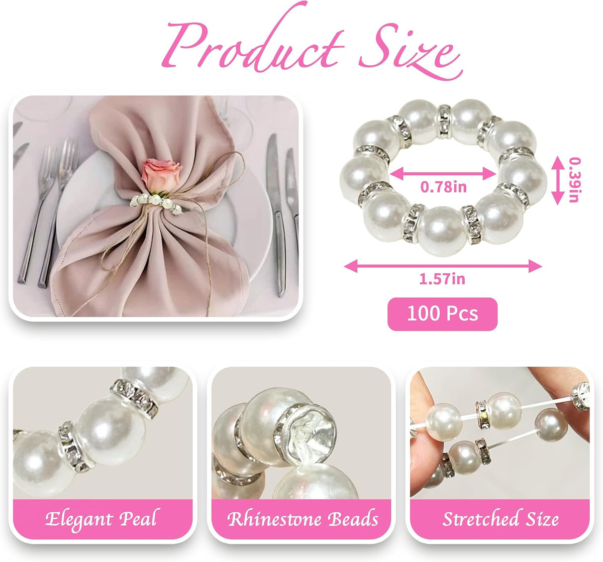 100 Pcs Silver Disposable Napkin Rings Imitation Pearl Ring Napkin Holder Delicate White Beaded Serviette Buckles for