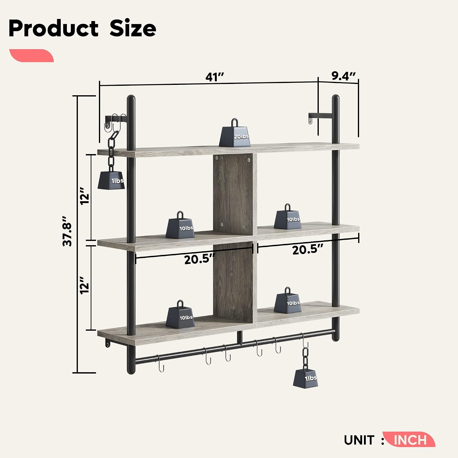 Bestier 41" Floating Kitchen Shelves Wall Mounted 3 Tier Coffee Bar Mug Shelf Hanging with 8 Hooks Display Plant Pipe