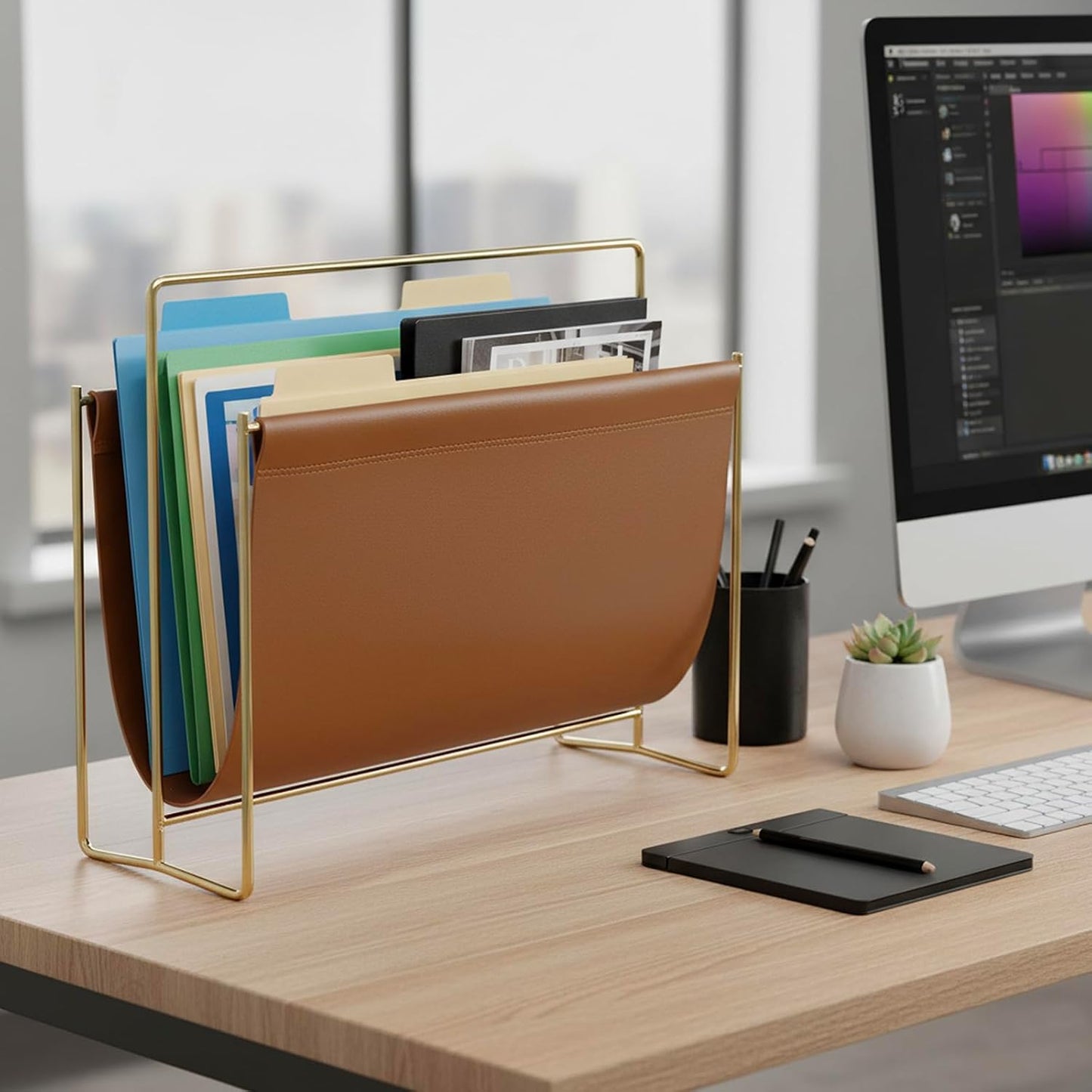 MyGift 15-Inch Magazine Holder Brown Leatherette Sling & Brass Plated Metal | Modern Metal Frame Faux Leather Sling