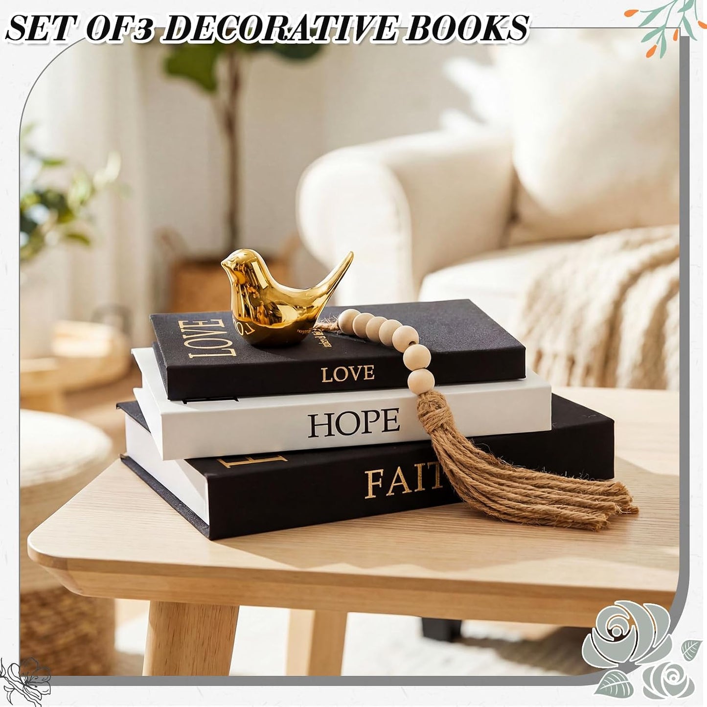 Linen Decorative Books Set Includes Bird and Wooden Beaded Tassel / Classic Colors / Gold / Set of 3