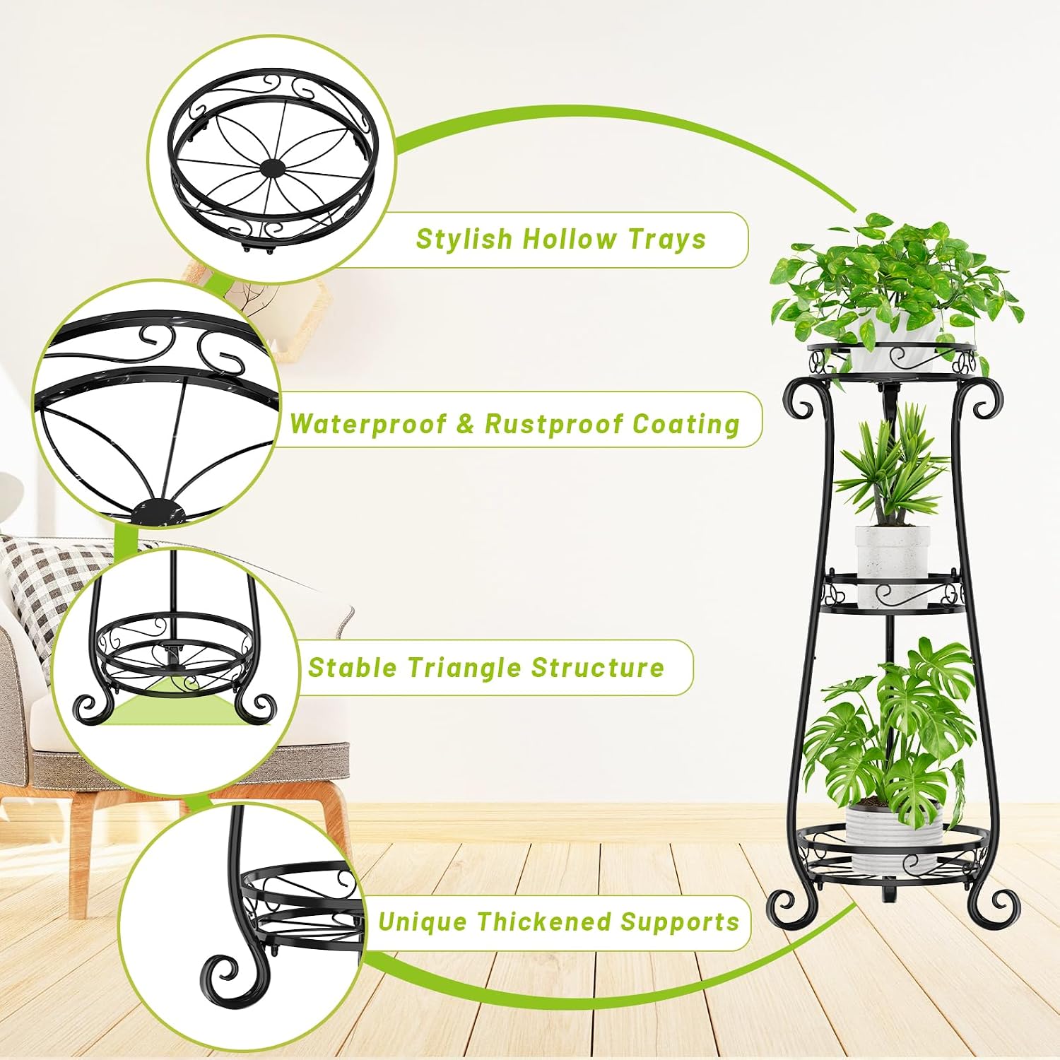 KMOTASUO 3 Tier Metal Plant Stand Tall for Indoor Outdoor Corner, Black | Heavy Duty Flower Holder Rack, Modern