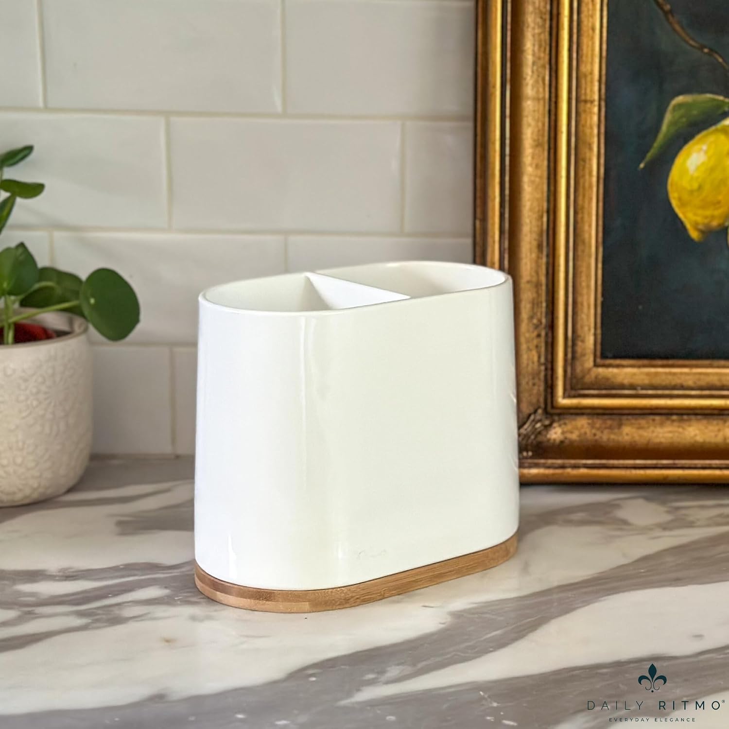 DAILY RITMO® White Large Oval Utensil Holder with Bamboo Wooden Base