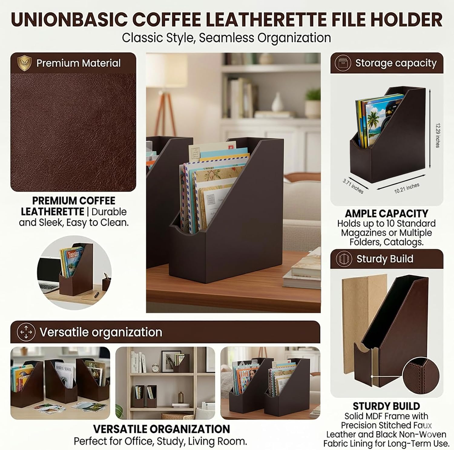 UnionBasic Magazine File Holder - Office Leatherette Desktop Document File Folder Journals Organizer Racks, Coffee