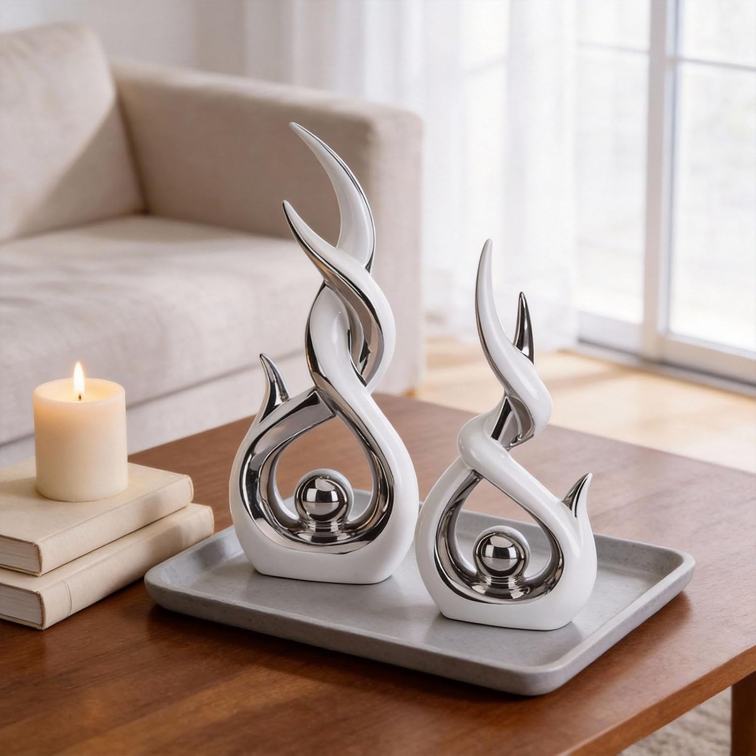 Abstract Ceramic Sculpture Modern Electroplated Figurines Decorative / White and Silver / Set of 2