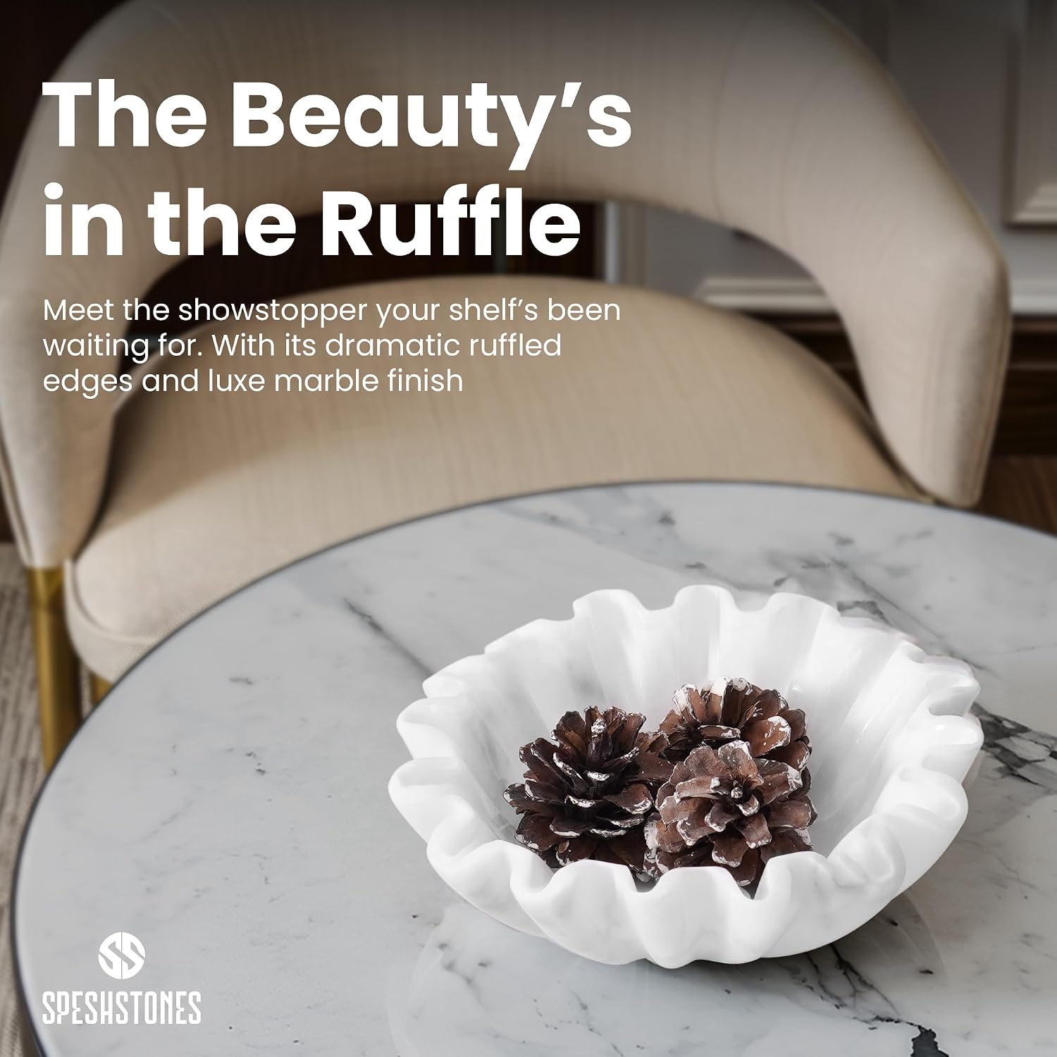 Marble Scalloped Bowl Handmade Ruffle Bowl / White / 6 Inches