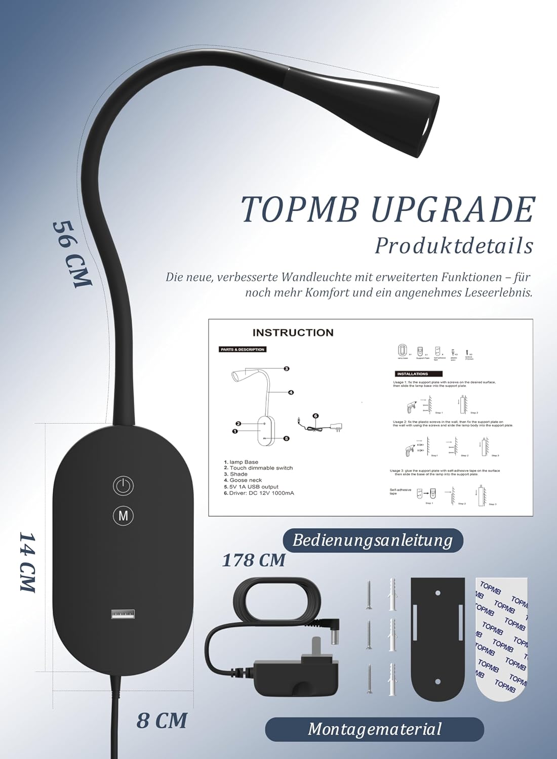 Wall Reading Light for Bed, CRI95+ LED Lamp,USB Charging,Memory Black | Comfortable bedside lighting with natural