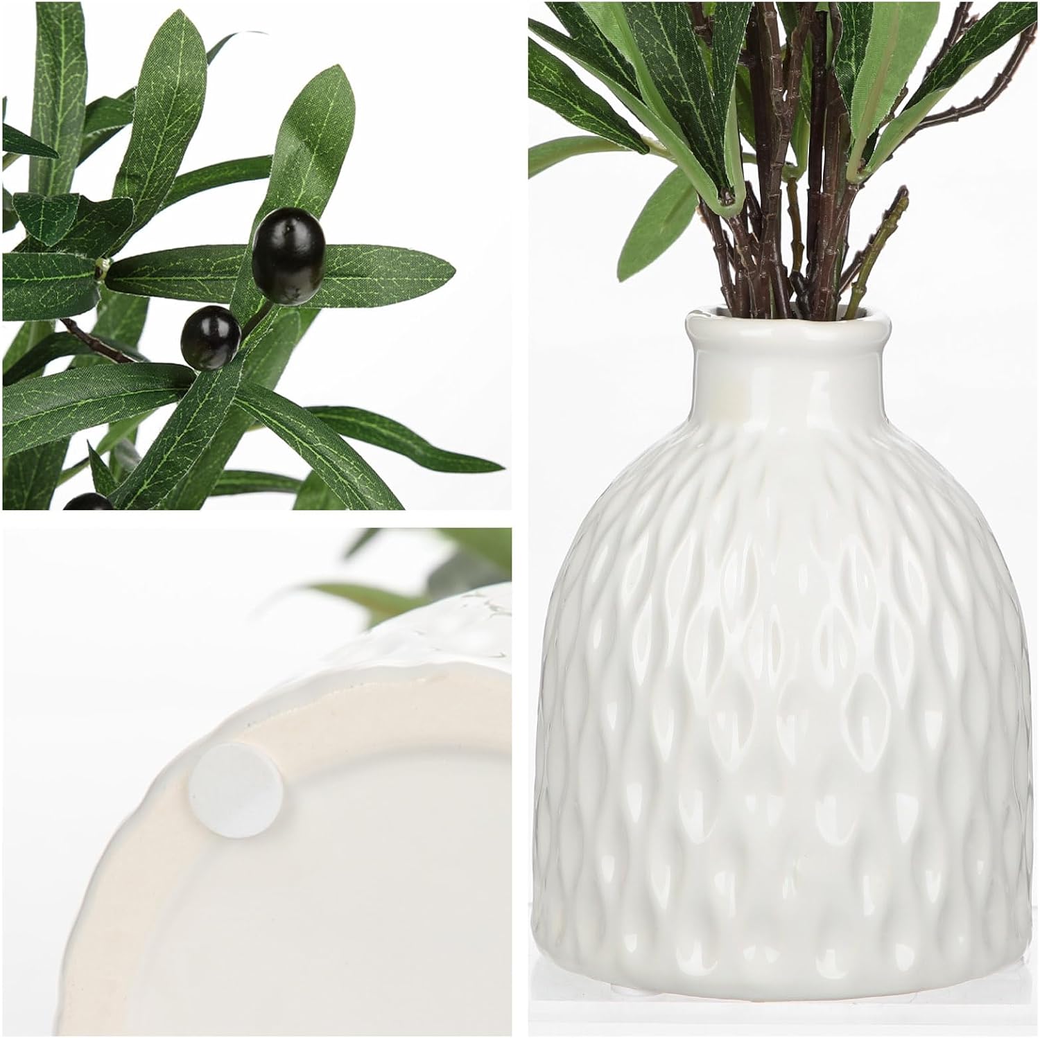 Artificial Olive Branches in Rustic Ceramic Vase 16.9" Faux Olive Greenery Stems Fake Potted / White