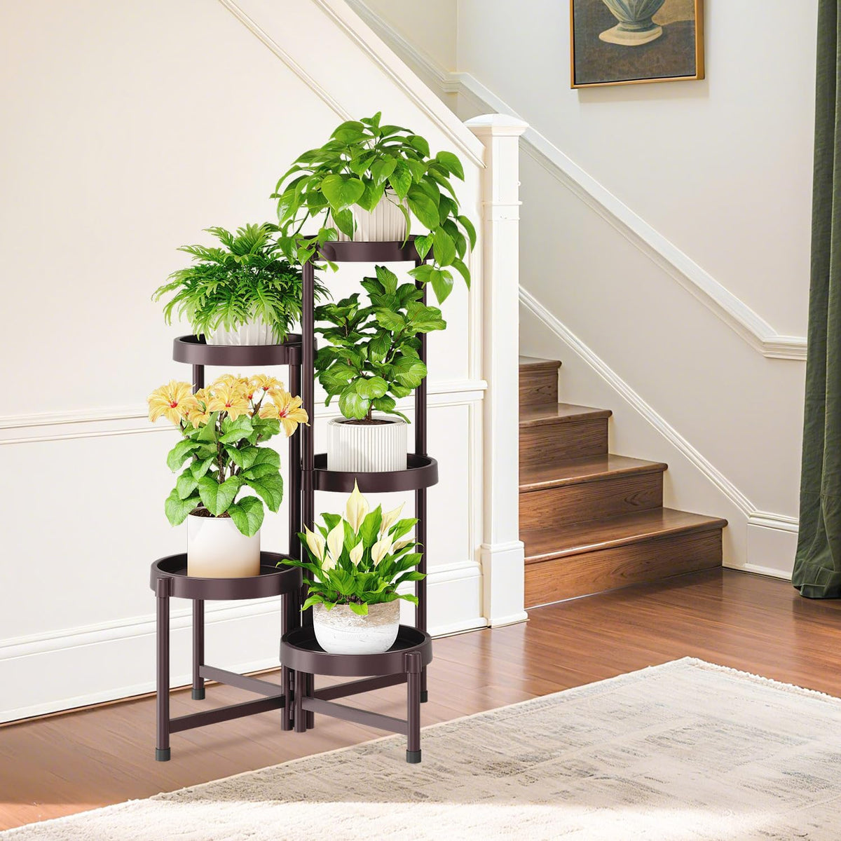 iDavosic.ly 5 Tier Folding Plant Stand Indoor Outdoor, Plastic Tray, Bronze | Space Saving Tiered Corner Storage