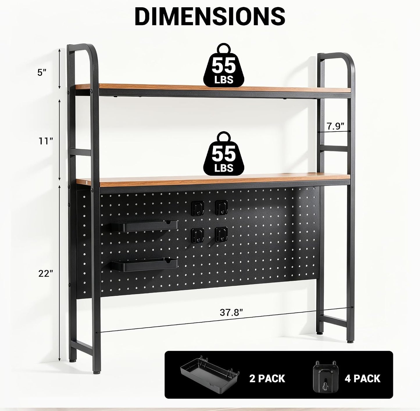 deli Desktop Shelf, Desk Hutch with Metal Pegboard, Black | 2-Tier Desktop Display Rack, 4 Accessories, Multipurpose