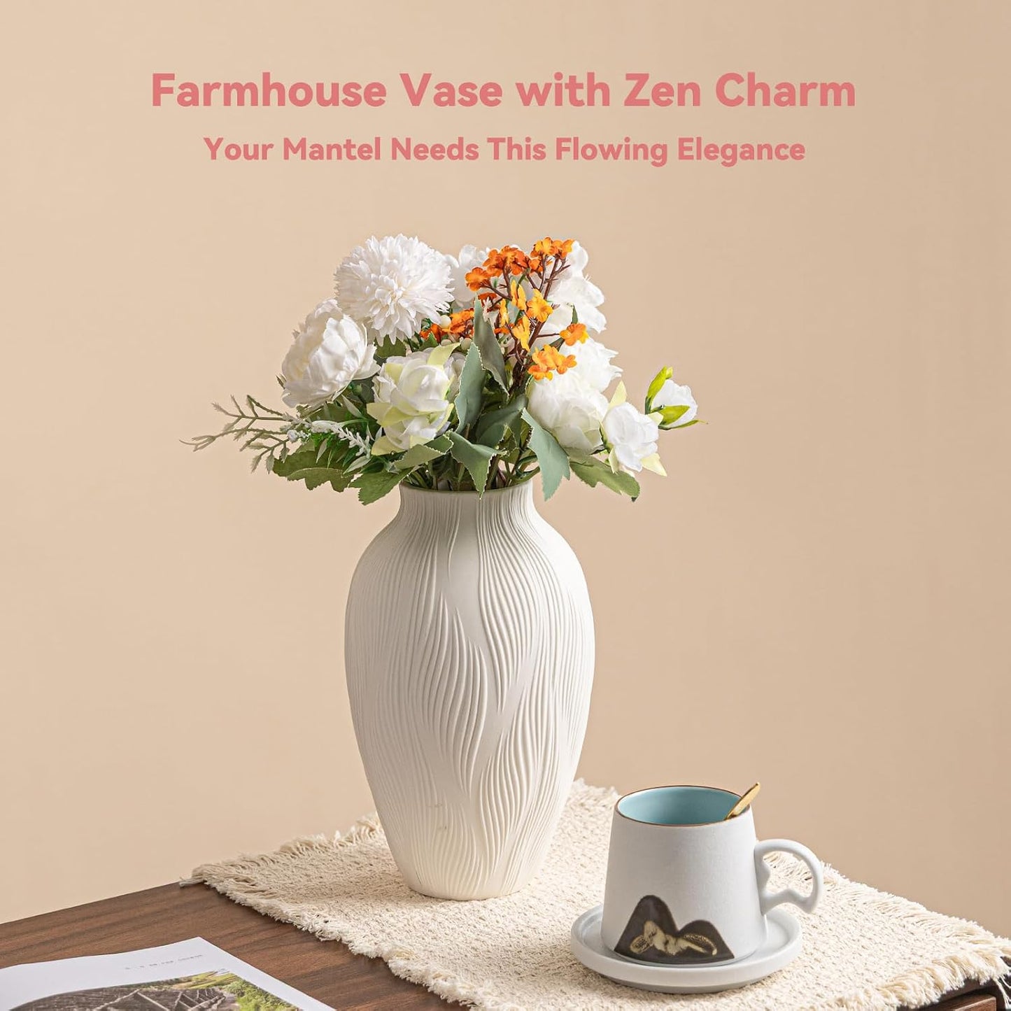 9.2" Unique Flower Vase for Pampas Grass/Centerpieces / Windblown Texture Vase / White