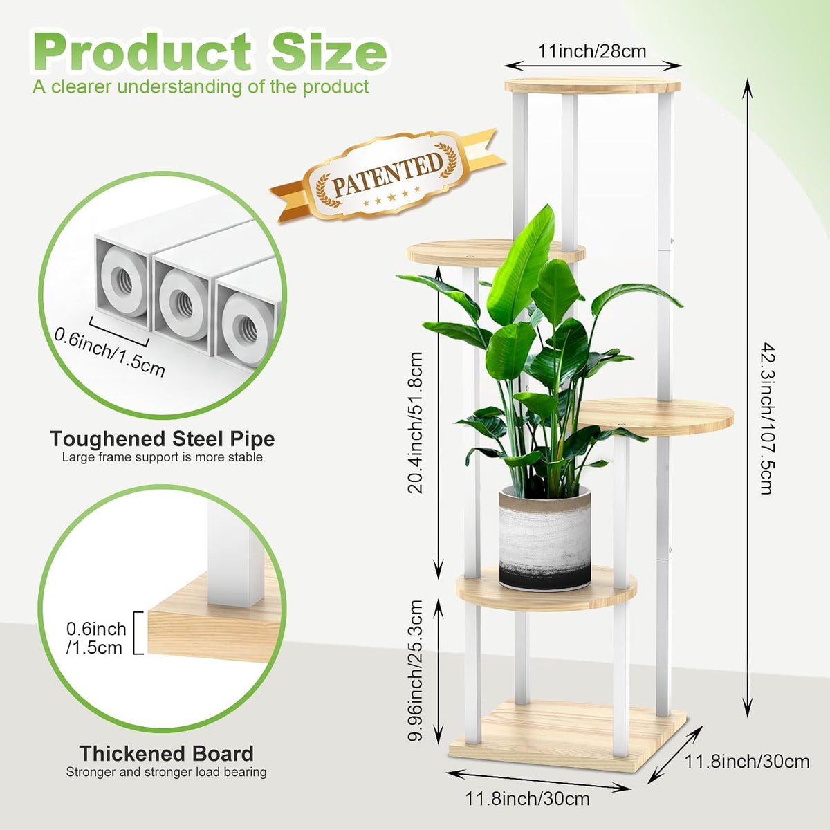 5 Tier Wood Tall Plant Stand Metal Rack Indoor, Multiple Flower Pot Holder Shelves Corner Rack, Round Planter Shelf