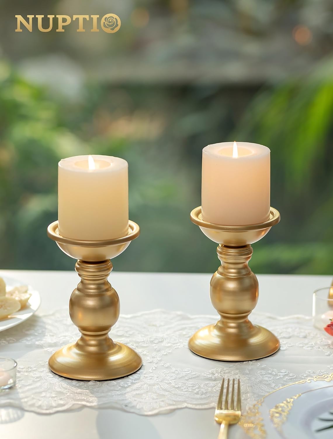 Set of 2 Gold Metal Pillar Candle Holders for 3 inches Dia Candle, Wedding Centerpieces Candlestick Holders Stand