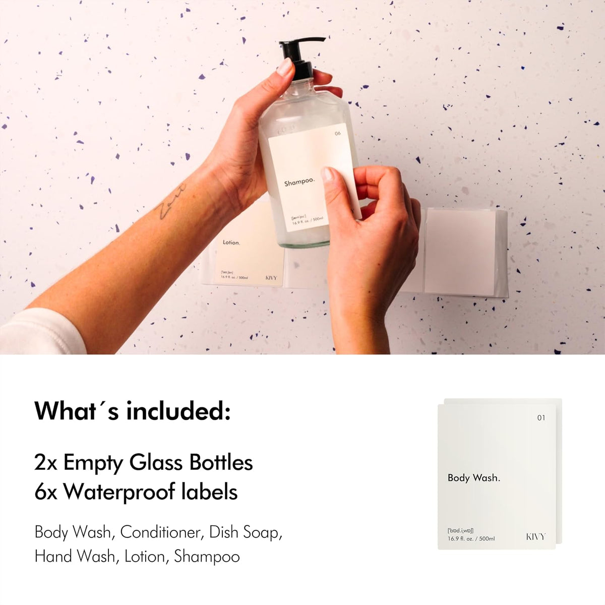 KIVY Glass Soap Dispenser Set 2X 16oz - incl. Waterproof Labels - with Pump | Glass Soap Dispenser with Pump - Hand