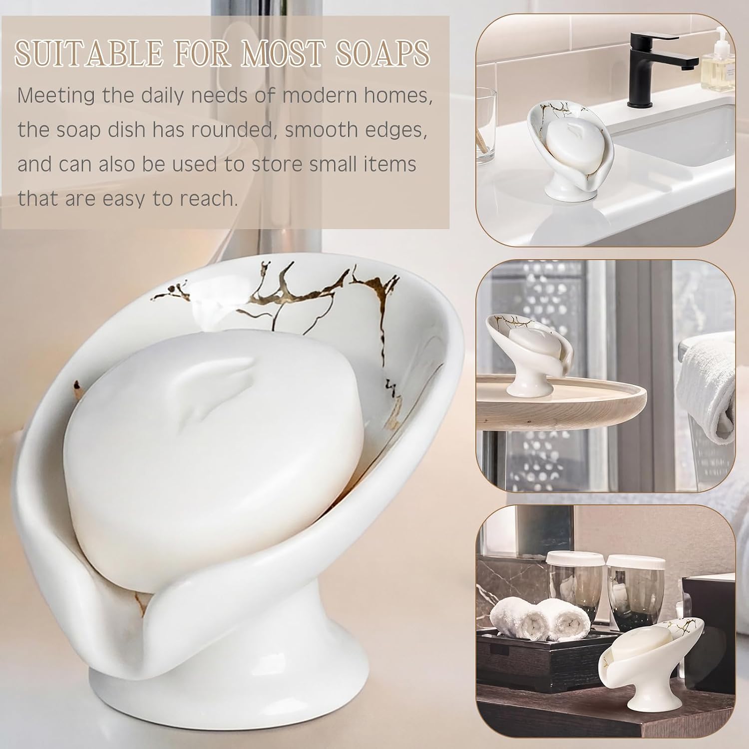 Soap Dishes for Bar Soap Holder Ceramic Decorative Self Draining Leaf Shape / White Gold / Set of 2