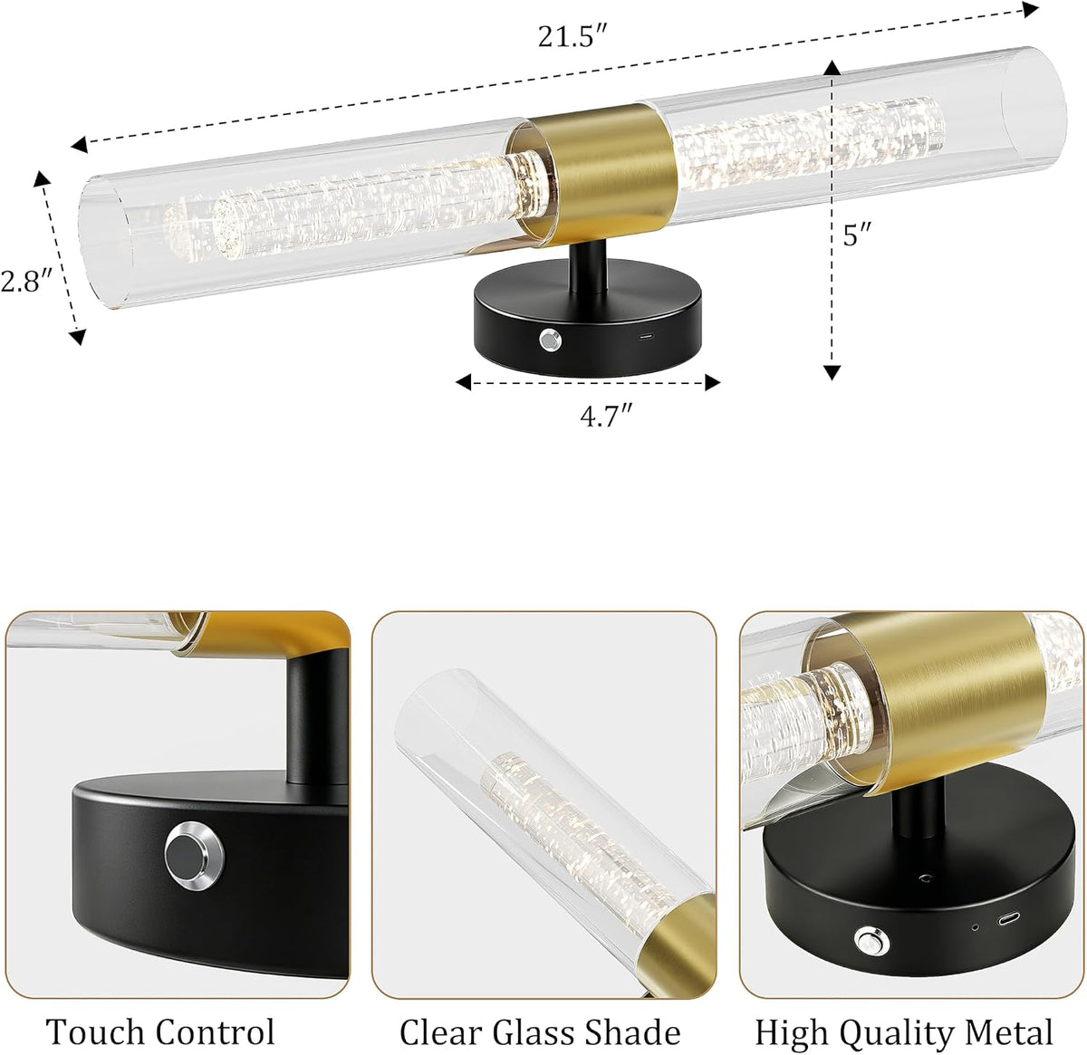 Black Gold Wall Sconces Battery Operated with Remote Control 21.5 Inch 3CCT | Rechargeable Wall Sconce with Timer