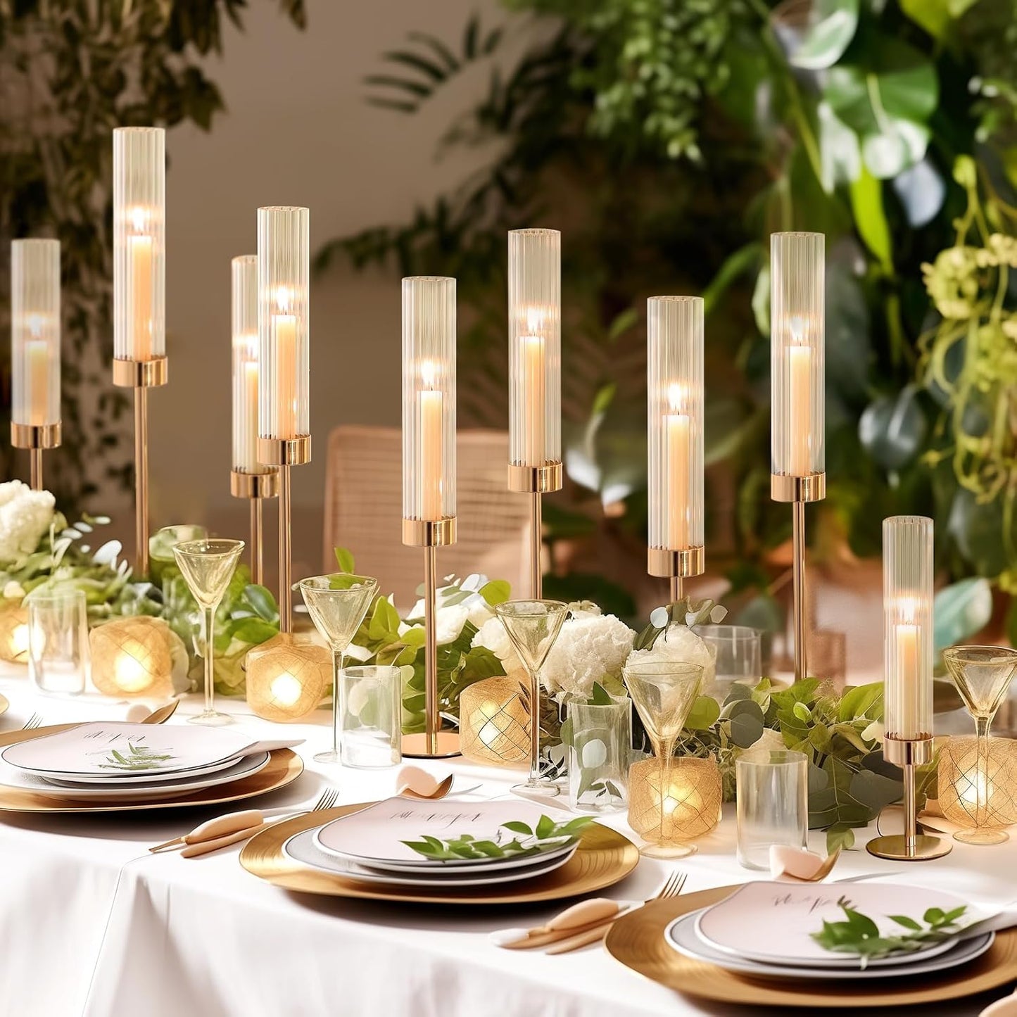 Gold Hurricane Candle Holders, Set of 6 Glass Taper Candlestick Holders Metal Candle Stands Bulk with Ribbed Glass