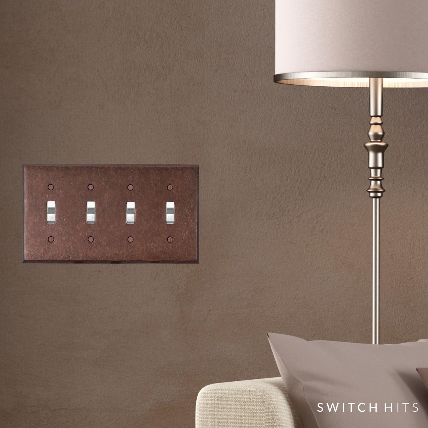 Mottled Antique Copper Outlet Wall Plate | 4 Toggle | 8.25" x 4.5" | Hand-Polished Brass Construction | Electrical