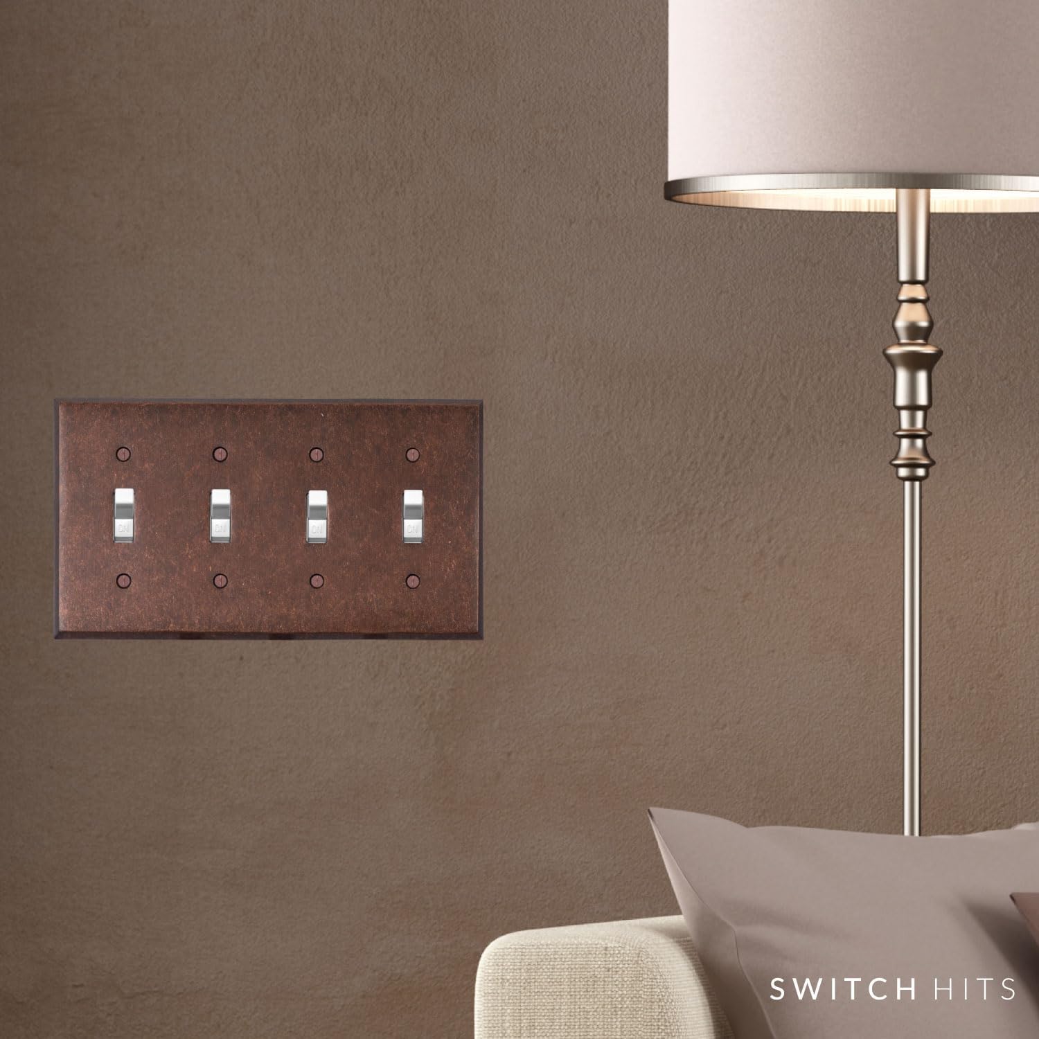 Mottled Antique Copper Outlet Wall Plate | 4 Toggle | 8.25" x 4.5" | Hand-Polished Brass Construction | Electrical