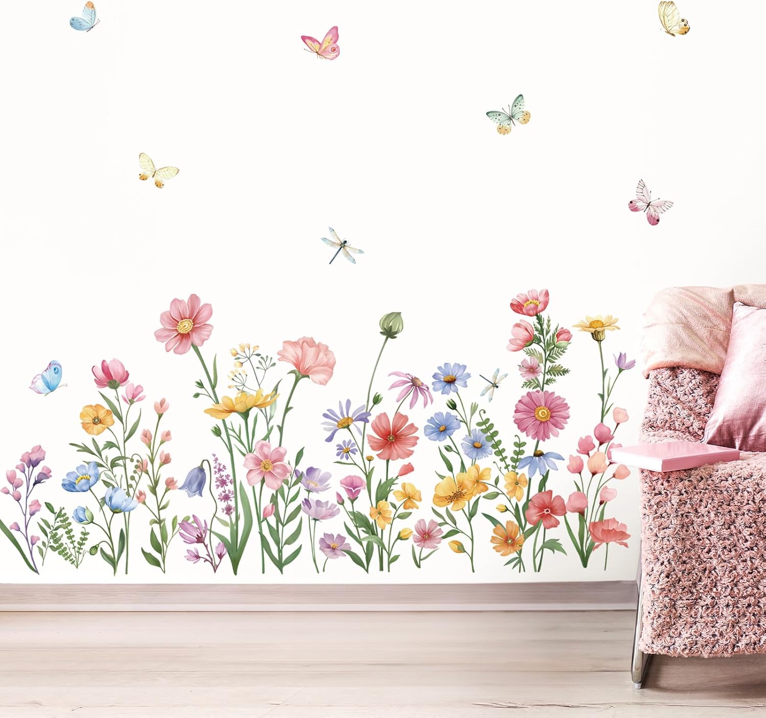 Wildflower Wall Stickers Garden Flower Daisy Butterflies Floral Botanical Wall Art Decals / Pink