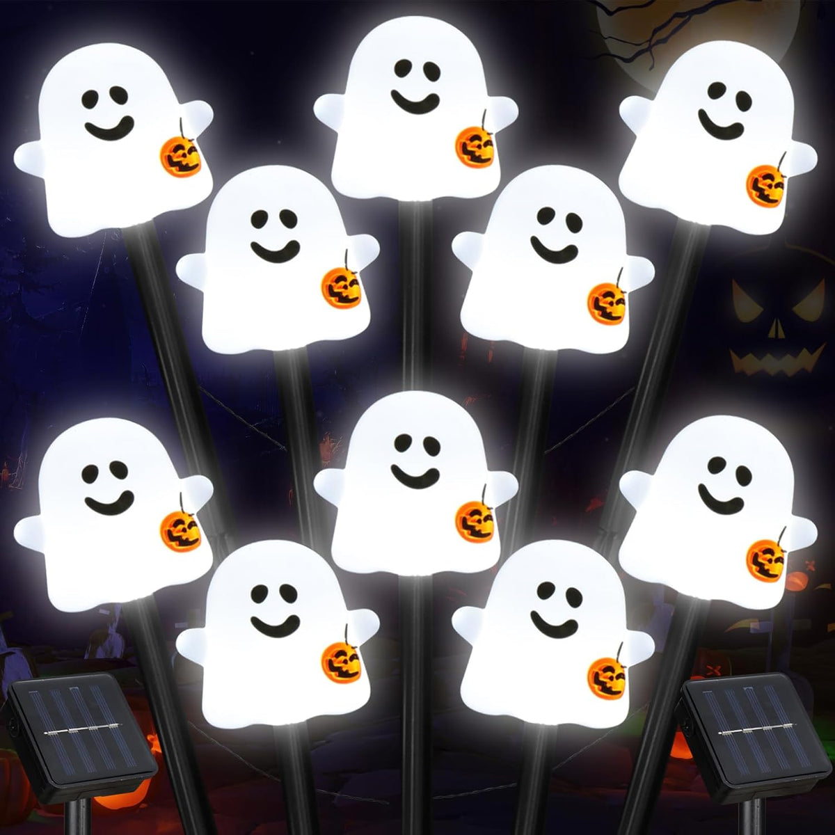 BRIGHTDECK Solar Halloween Ghost Pathway Lights, 10 Pack Ghost Stake Lights with Pumpkin Design, Durable Waterproof Outdoor Halloween Decoration for Garden, Walkway, and Yard (Cold White)