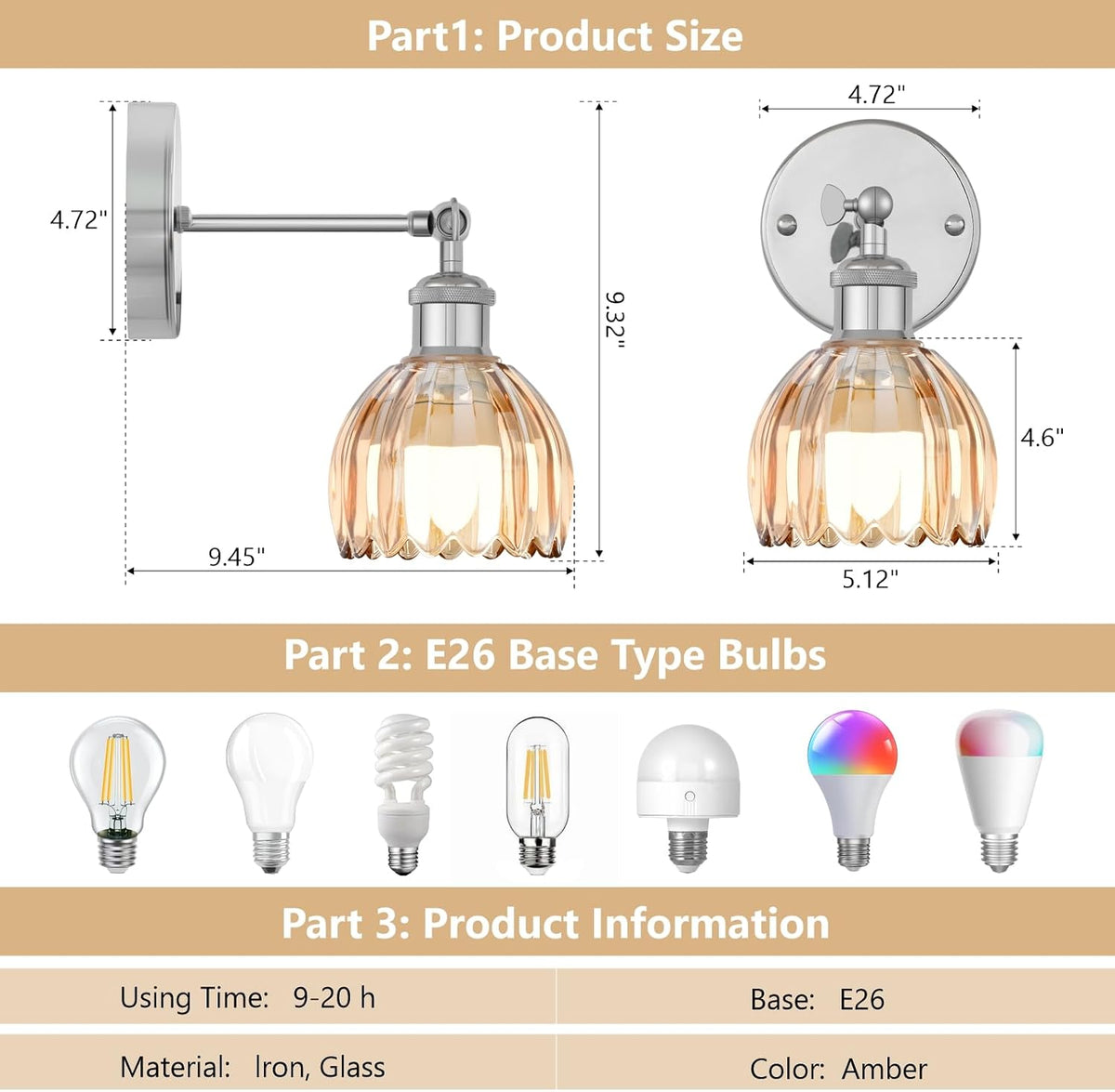 Vintage Battery Operated Wall Sconce, Amber Tulip Glass Lampshade Wireless Rechargeable Battery Powered LED Wall Light