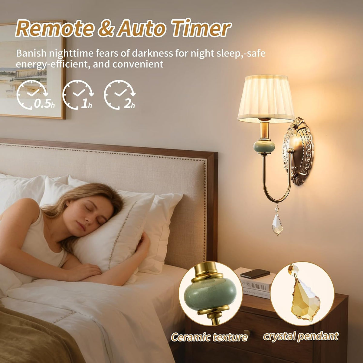 Wireless Battery Operated Antique Brass Wall Sconces Set of 2, 10000mAh Rechargeable Gold Crystal Vintage Fabric Shade