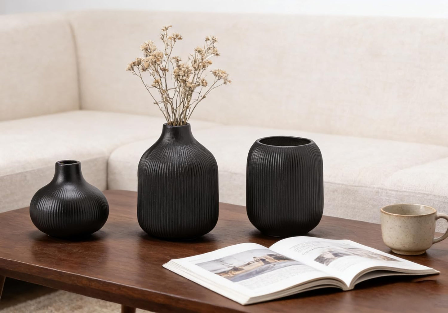 Black Ceramic Vase Set 3 Modern Style Decor Farmhouse Home Living Room Dining Table Room / 15 Black