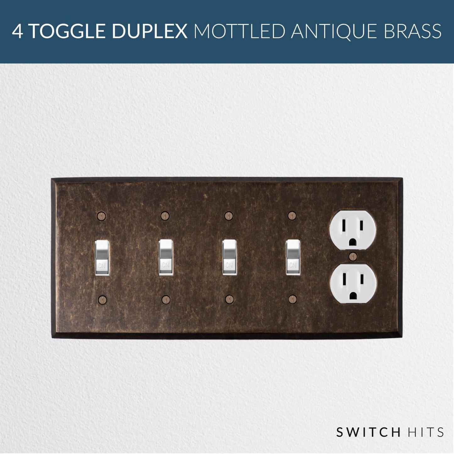 Quad Light Switch Plate Outlet Cover GFCI Wall Plate | 4 Toggle - 1 Duplex Mottled Antique Brass Electrical Faceplate