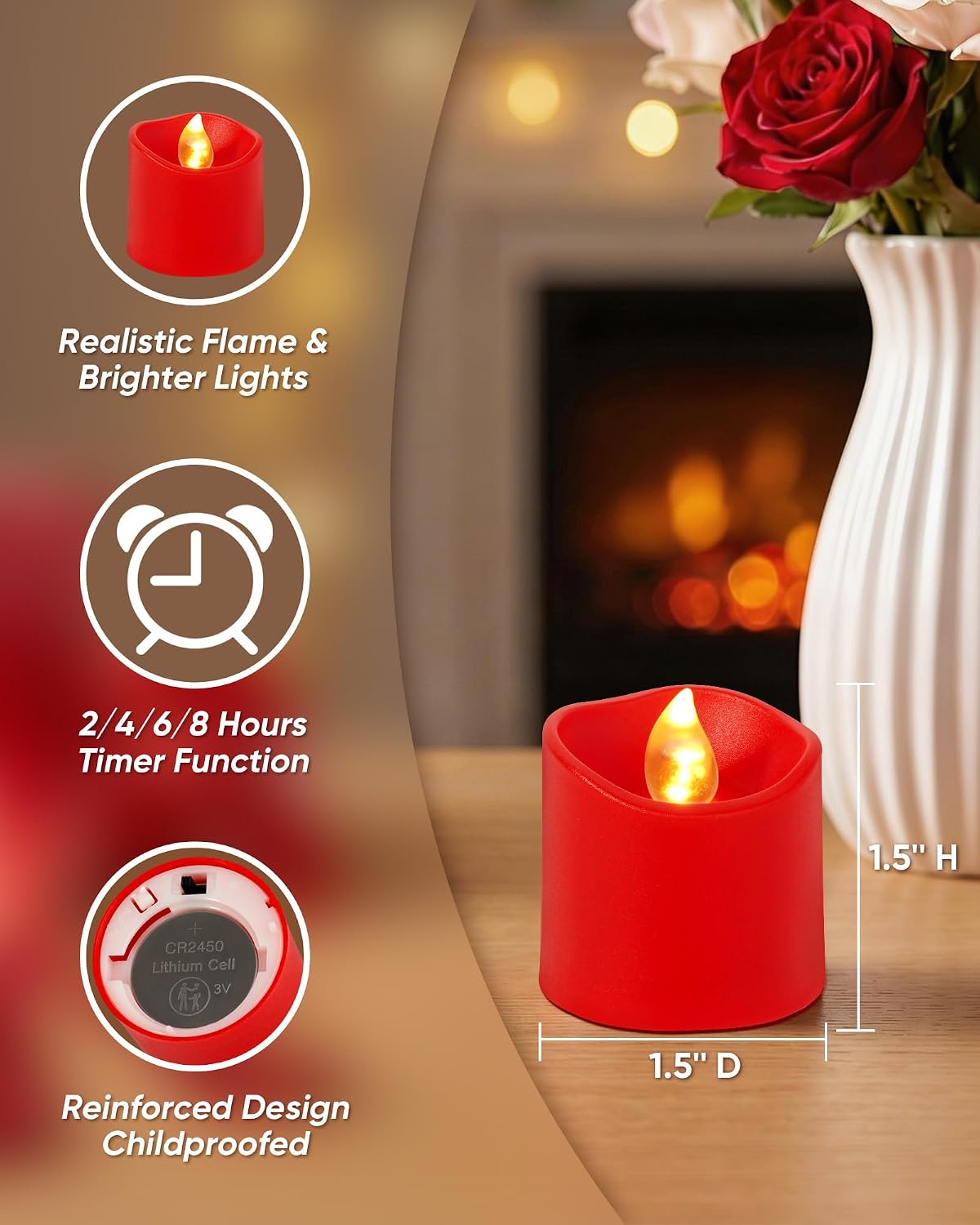 Homemory Red Flameless LED Votive Tealight Candles & Timer Remote, 24Pack | Battery operated, 400+ hour runtime