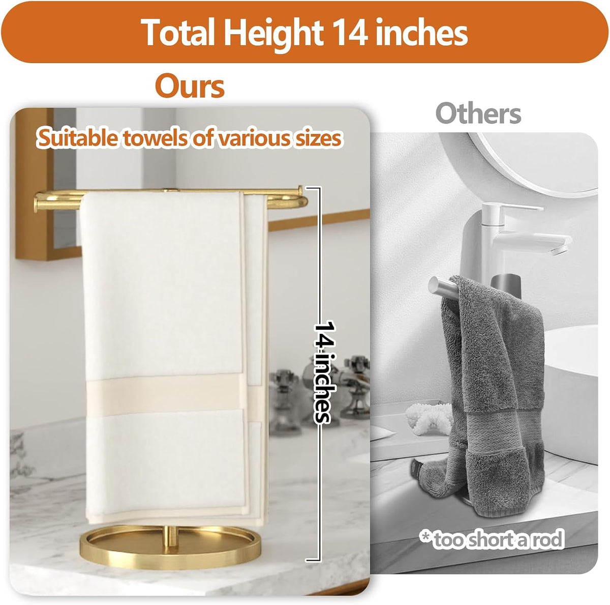 Bethom Bathroom Hand Towel Holder Stand Gold, S-Shape Kitchen Towel Rack | Stainless Steel Countertop Towel Standing